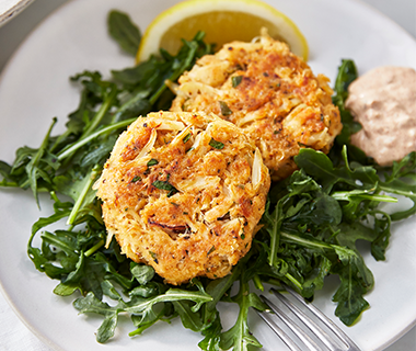 Crab Cakes with Remoulade Sauce and Lemon Arugula Salad