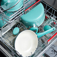 Rio collection cookware in the color Turquoise in an open dishwasher