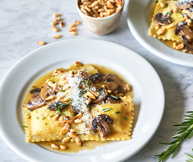 5-Cheese Ravioli with Mushrooms, Rosemary & Pine Nuts