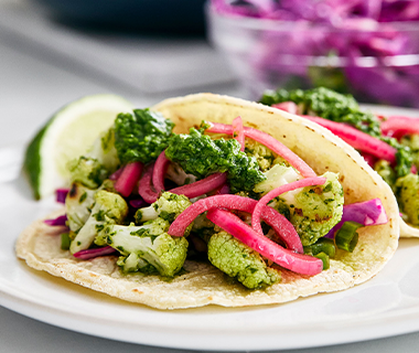 Cauliflower Tacos with Chimichurri and Pickled Onions