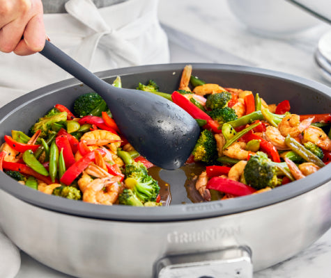 Shrimp and veggie stir fry in the GreenPan Premiere Stainless Steel Elite Oval Electric Skillet