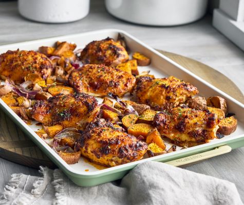 Sheet Pan Harissa Chicken & Sweet Potatoes