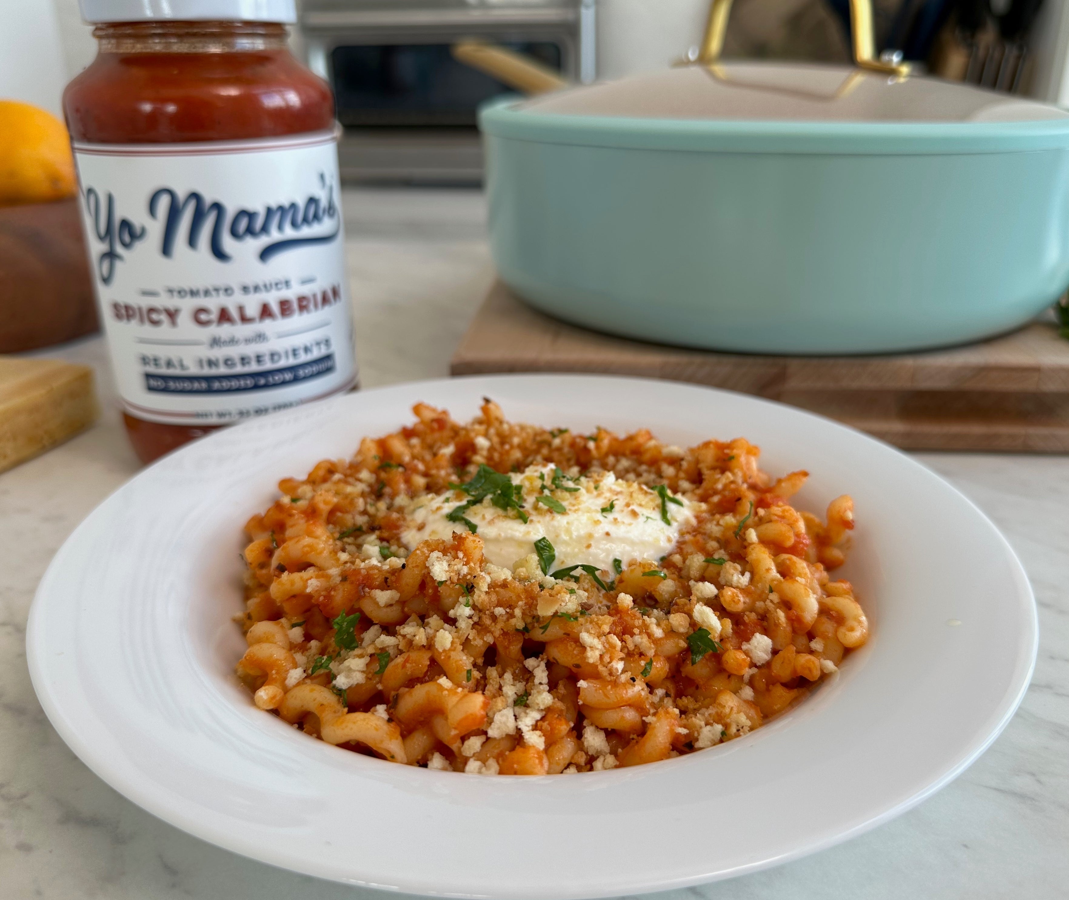 Spicy Calabrian Fusilli col Buco with Whipped Burrata and Breadcrumbs