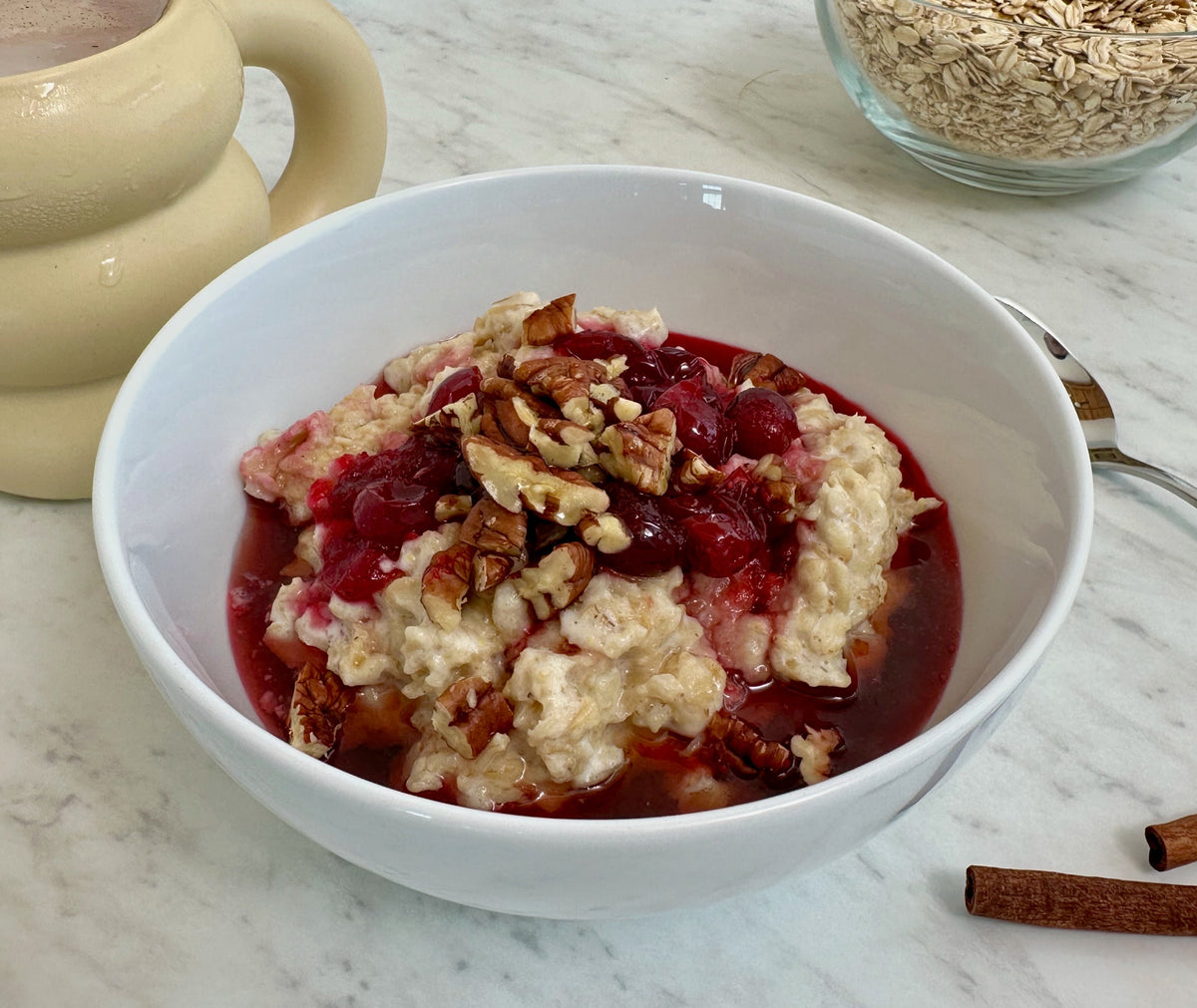 Fall Spiced Cranberry Pecan Oatmeal with Blume Superfood Latte