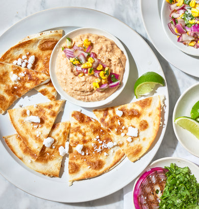Vegan Quesadillas with Charred Onion Salsa and Chipotle Bean Dip