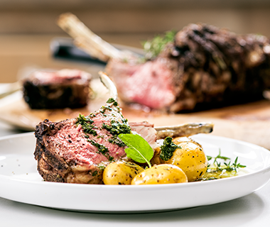 Rack of Lamb with Roasted Potatoes and Mint Sauce