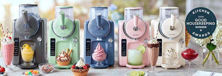 Four creamy dessert makers in pastel colors are lined up on a counter, each with a matching frozen treat in front. A 2023 Good Housekeeping Kitchen Awards Winner badge is displayed on the right.