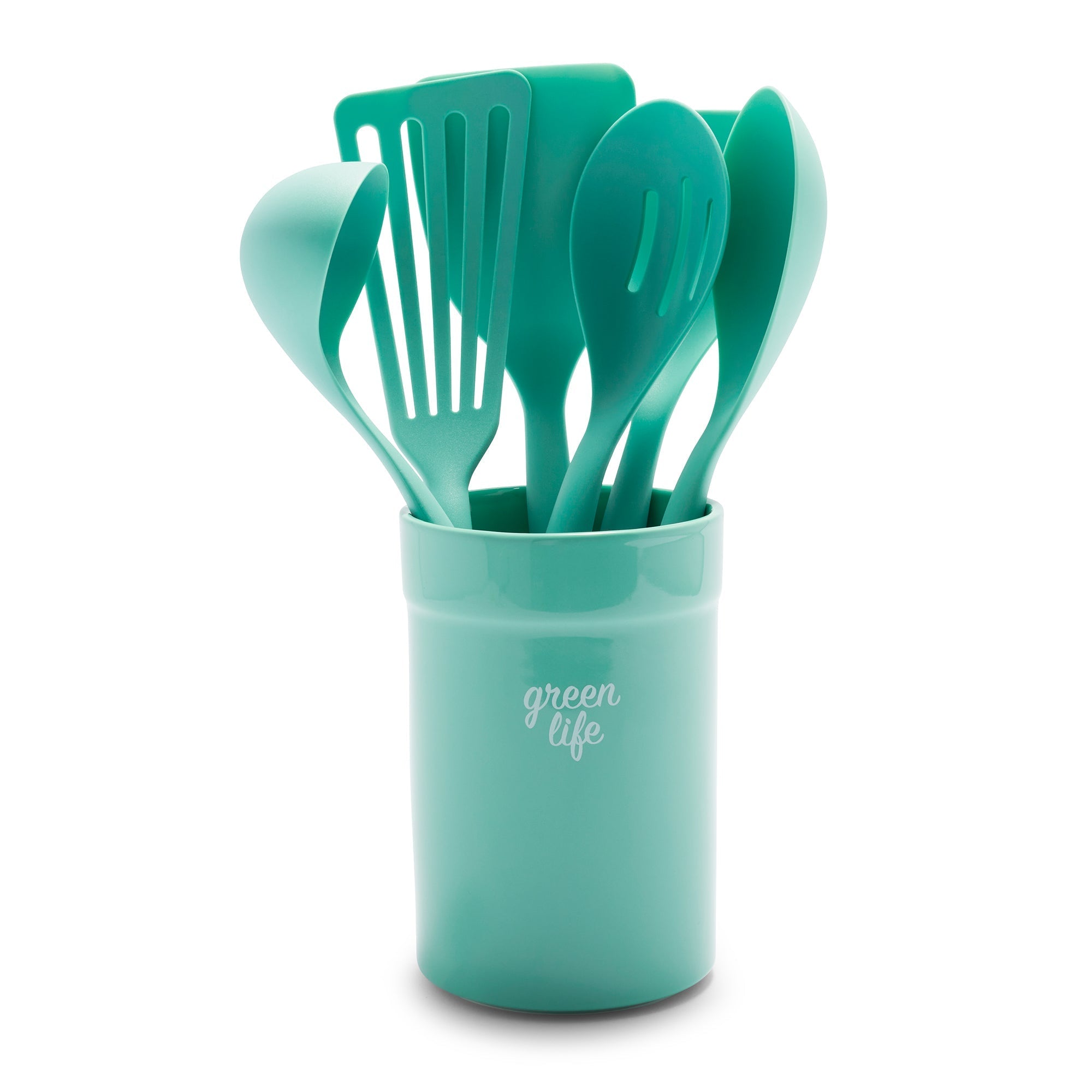 GreenLife Nylon & Wood Cooking Utensils with Ceramic Crock, 7-Piece Set |  Turquoise