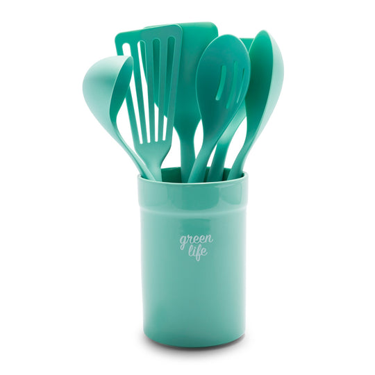 GreenLife Nylon & Wood Cooking Utensils with Ceramic Crock, 7-Piece Set | Turquoise