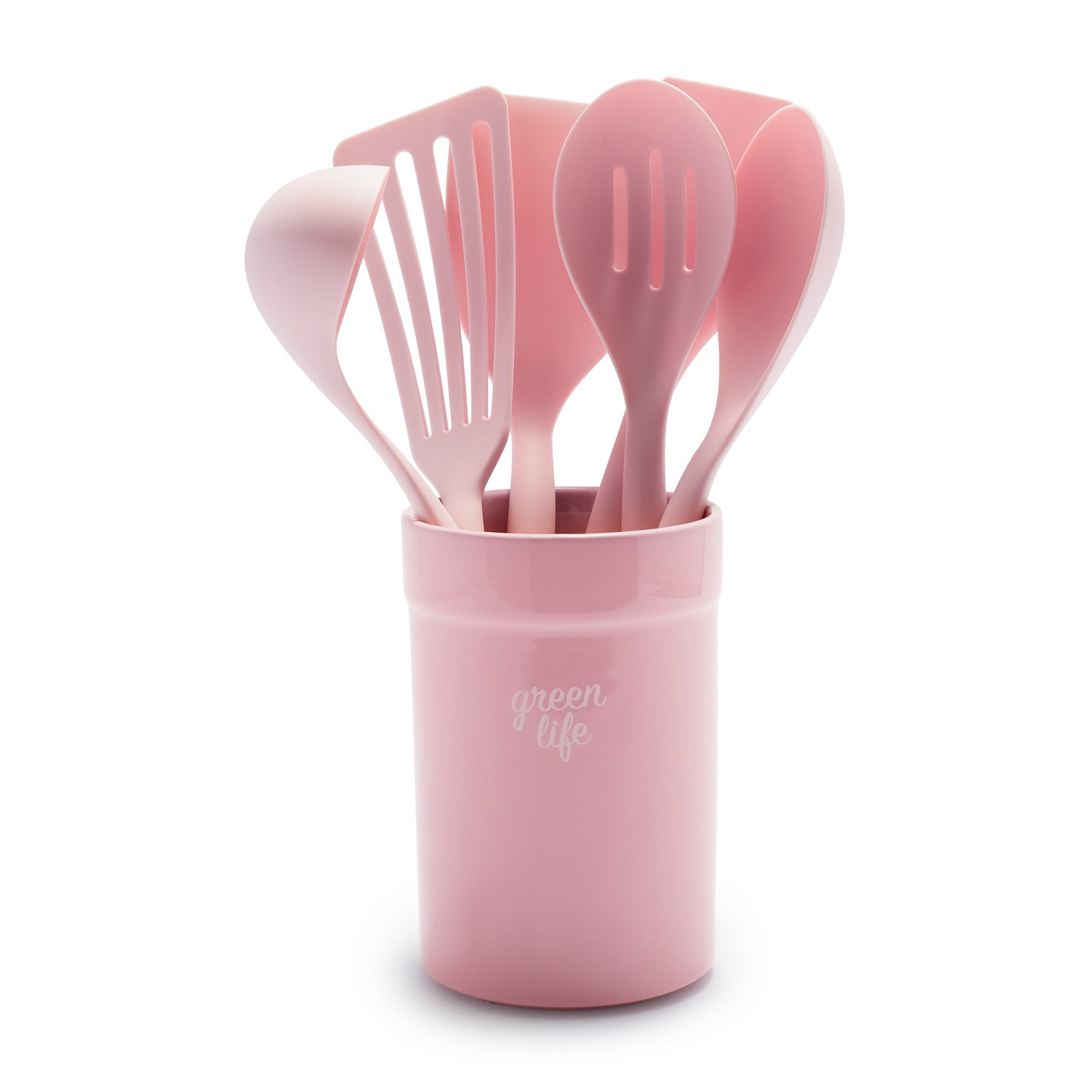 GreenLife Nylon Wood Cooking Utensils with Ceramic Crock, 7-Piece Set | Pink