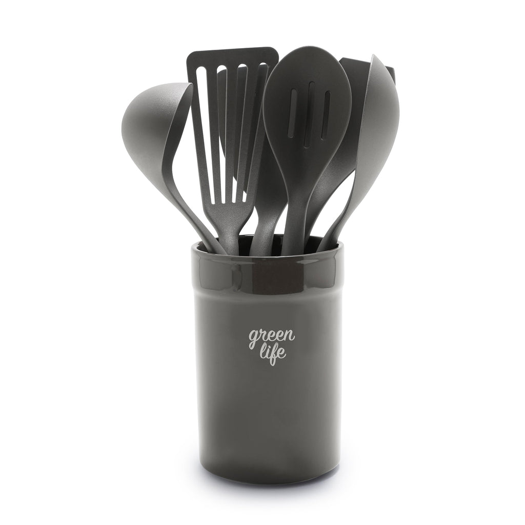 Cook With Color 10 Piece Nylon Cooking Utensil Set with Holder, Kitchen  Tools and Gadgets with Rounded Copper Handles - Black