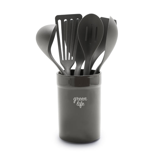 GreenLife Nylon & Wood Cooking Utensils with Ceramic Crock, 7-Piece Set | Charcoal Gray