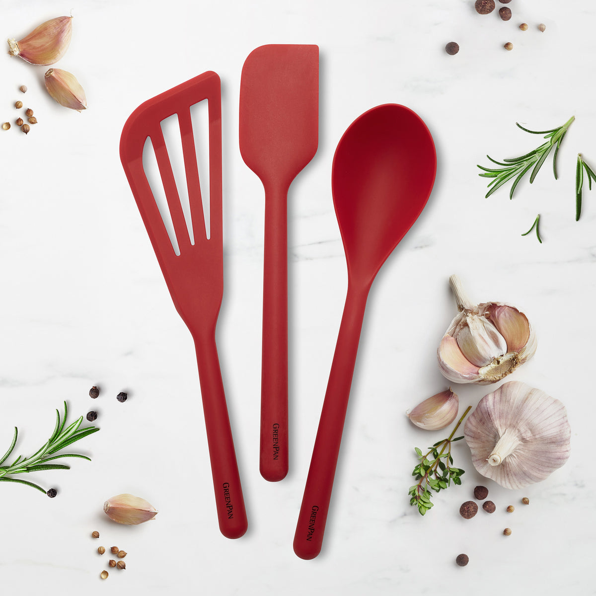 Healthy Non-Toxic PFAS Free Cookware - Platinum Silicone Tools 3-Piece Utensil Set | Red by GreenPan
