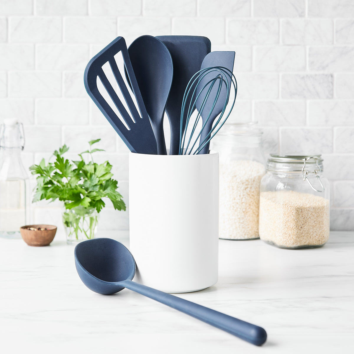 Healthy Non-Toxic PFAS Free Cookware - Platinum Silicone 7-Piece Utensil and Crock Set | Navy by GreenPan