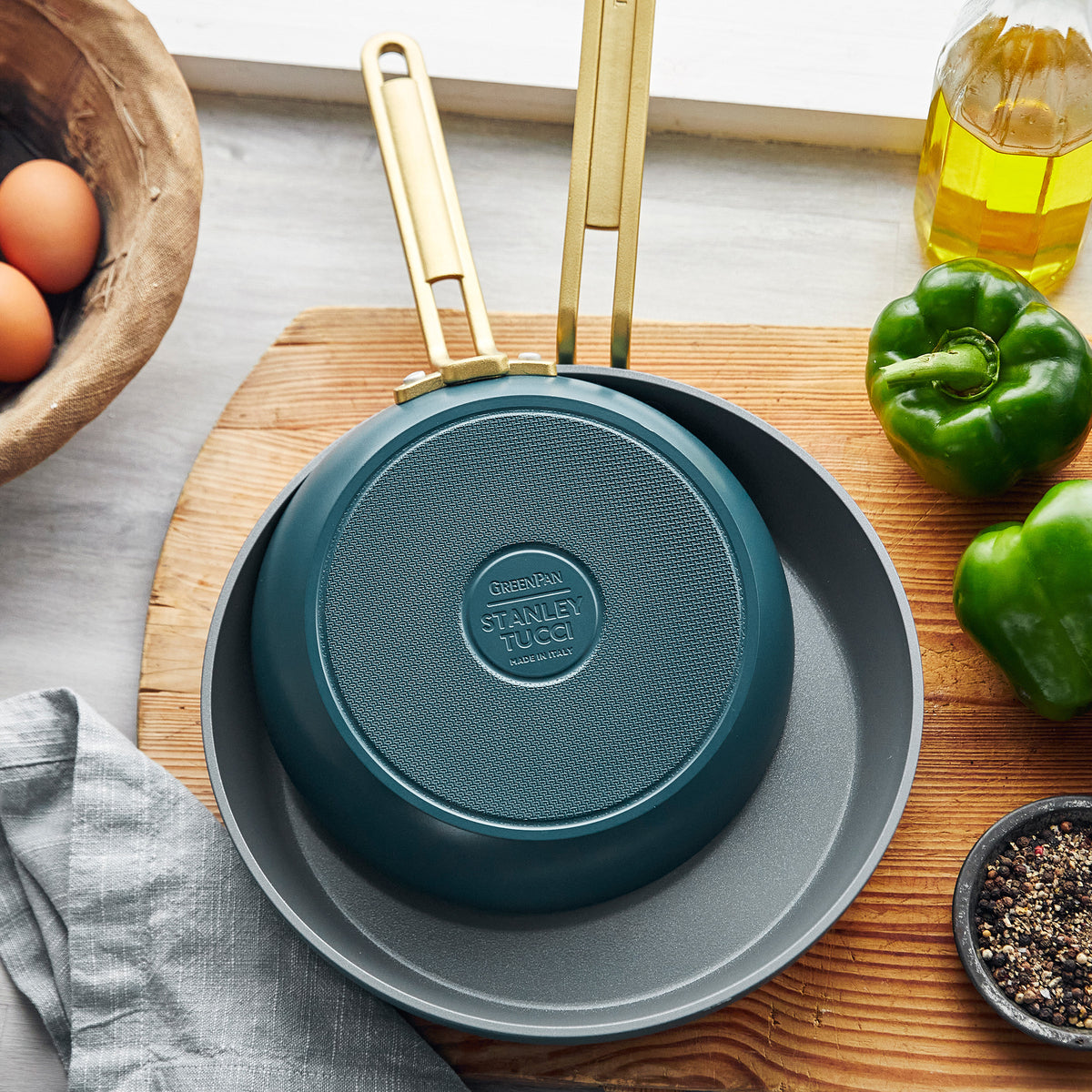 Stanley Tucci™ Ceramic Nonstick 4-Piece Frypan Set with The Tucci Cookbook | Venetian Teal