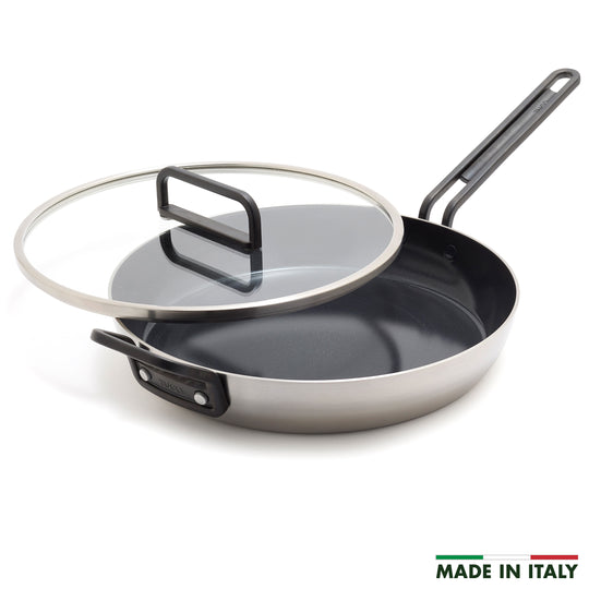 Stanley Tucci™ Stainless Steel Ceramic Nonstick 12" Frypan with Lid | Black Handle