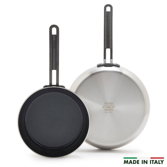 Stanley Tucci™ Stainless Steel Ceramic Nonstick 8" & 10" Frypan Set | Black Handles