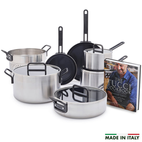 Stanley Tucci™ Stainless Steel Ceramic Nonstick 11-Piece Cookware Set with The Tucci Cookbook | Black Handles