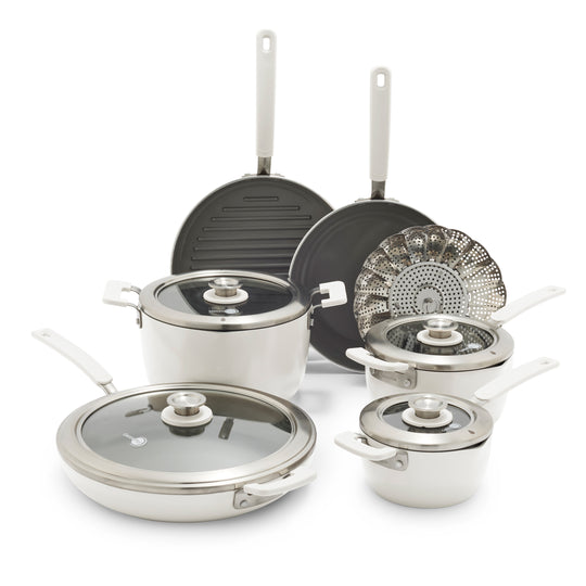 Space Saving Stack Ceramic Nonstick 11-Piece Cookware Set | Cream
