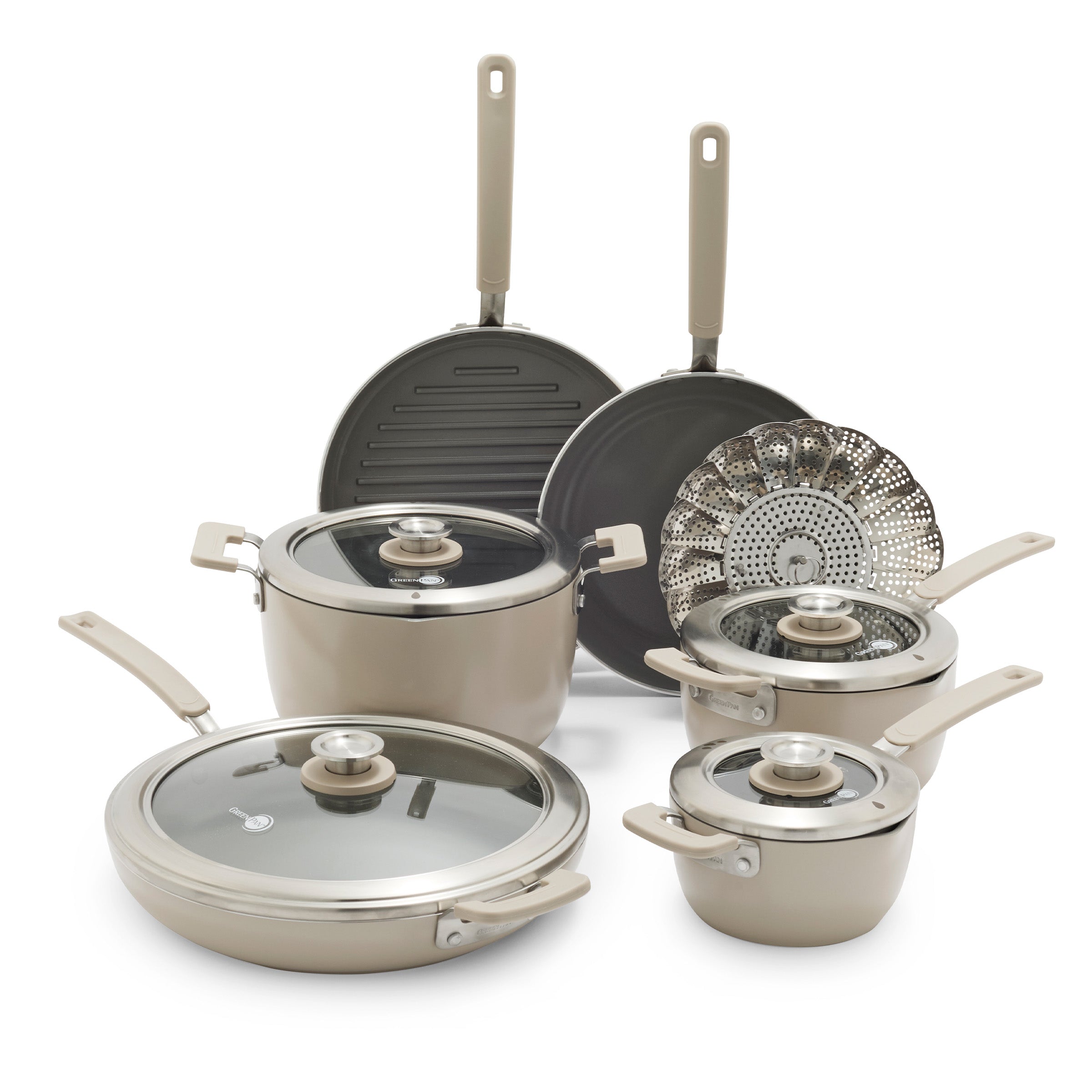 Taupe cookware set on a white background