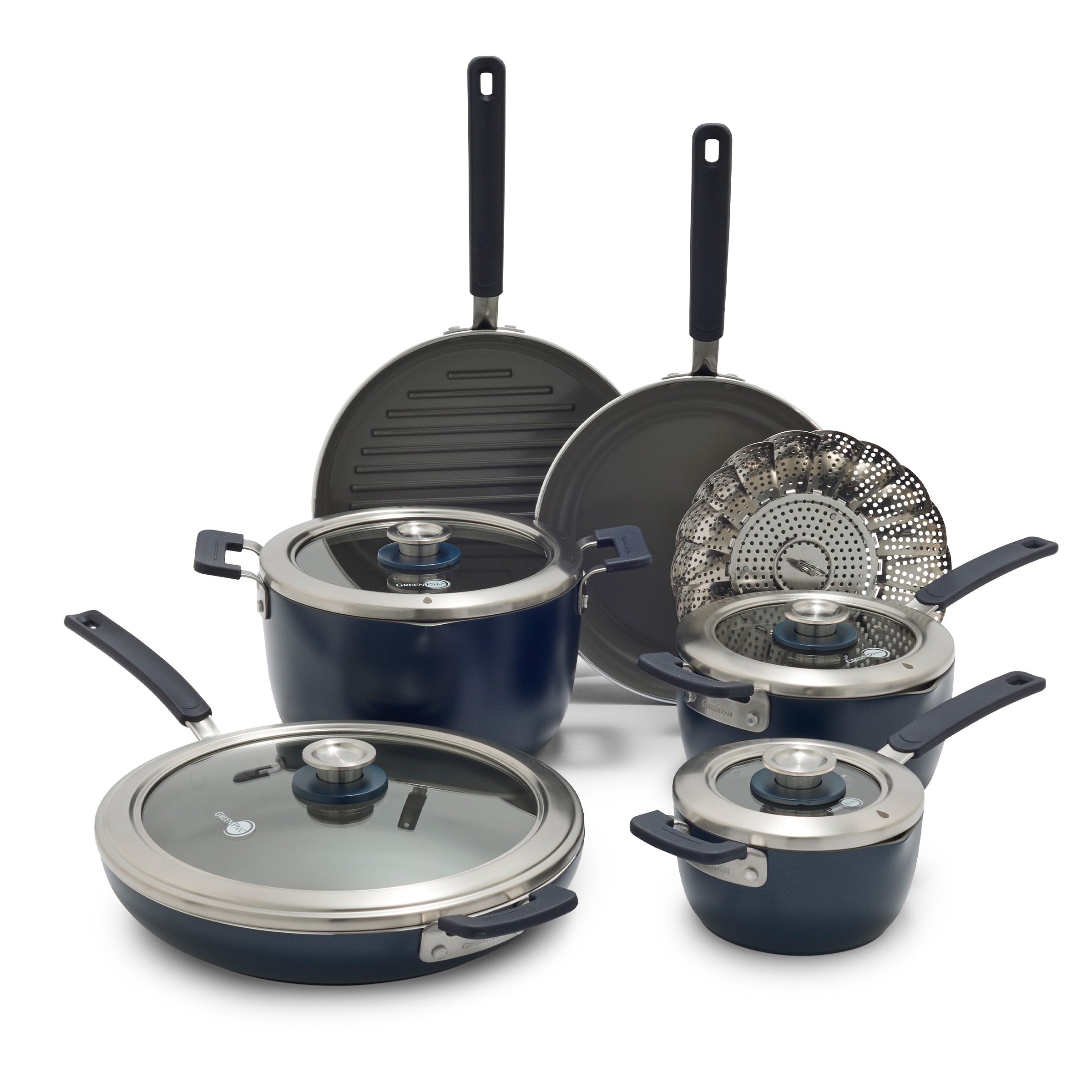 Dark blue cookware set on a white background