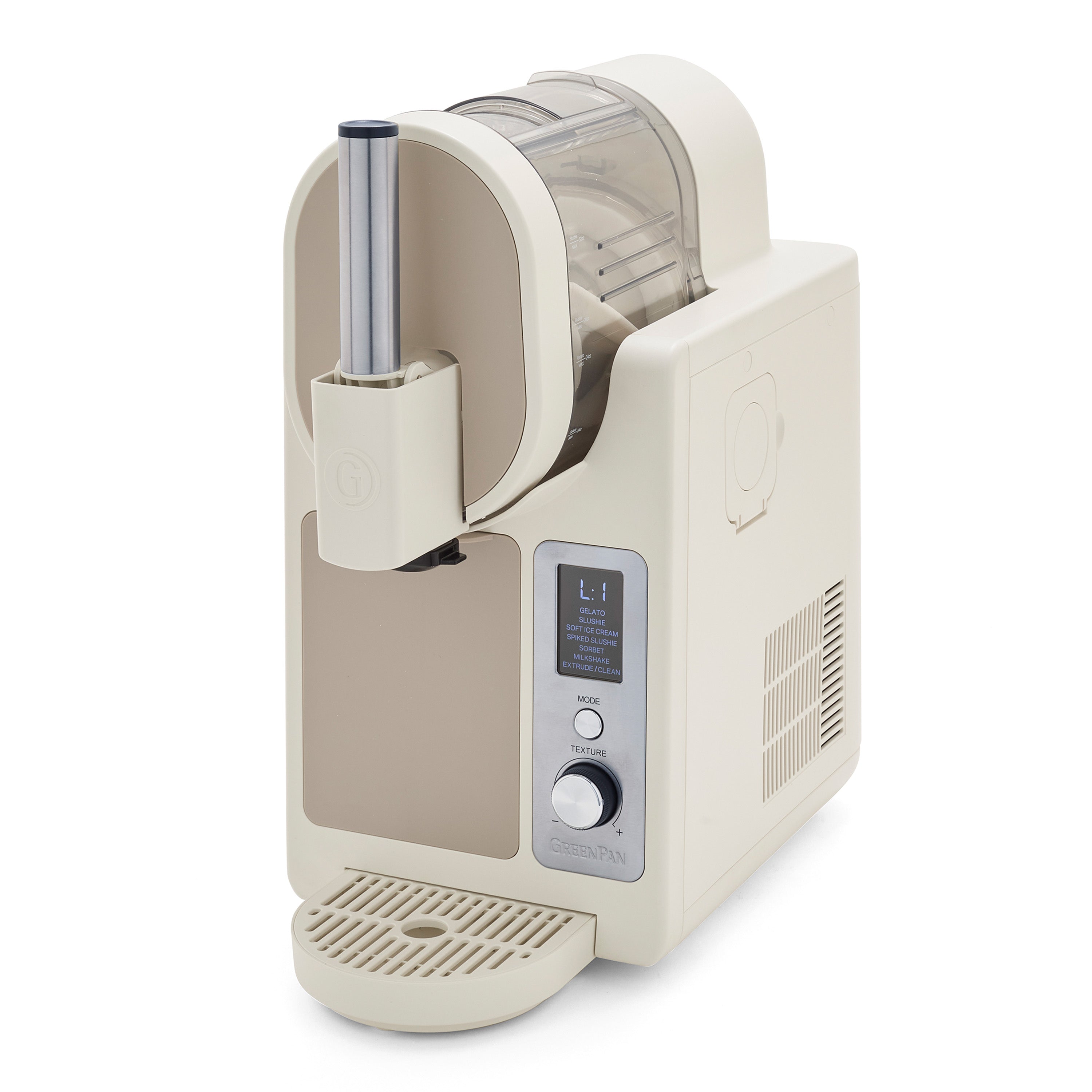 White ice cream machine with clear container on a white background