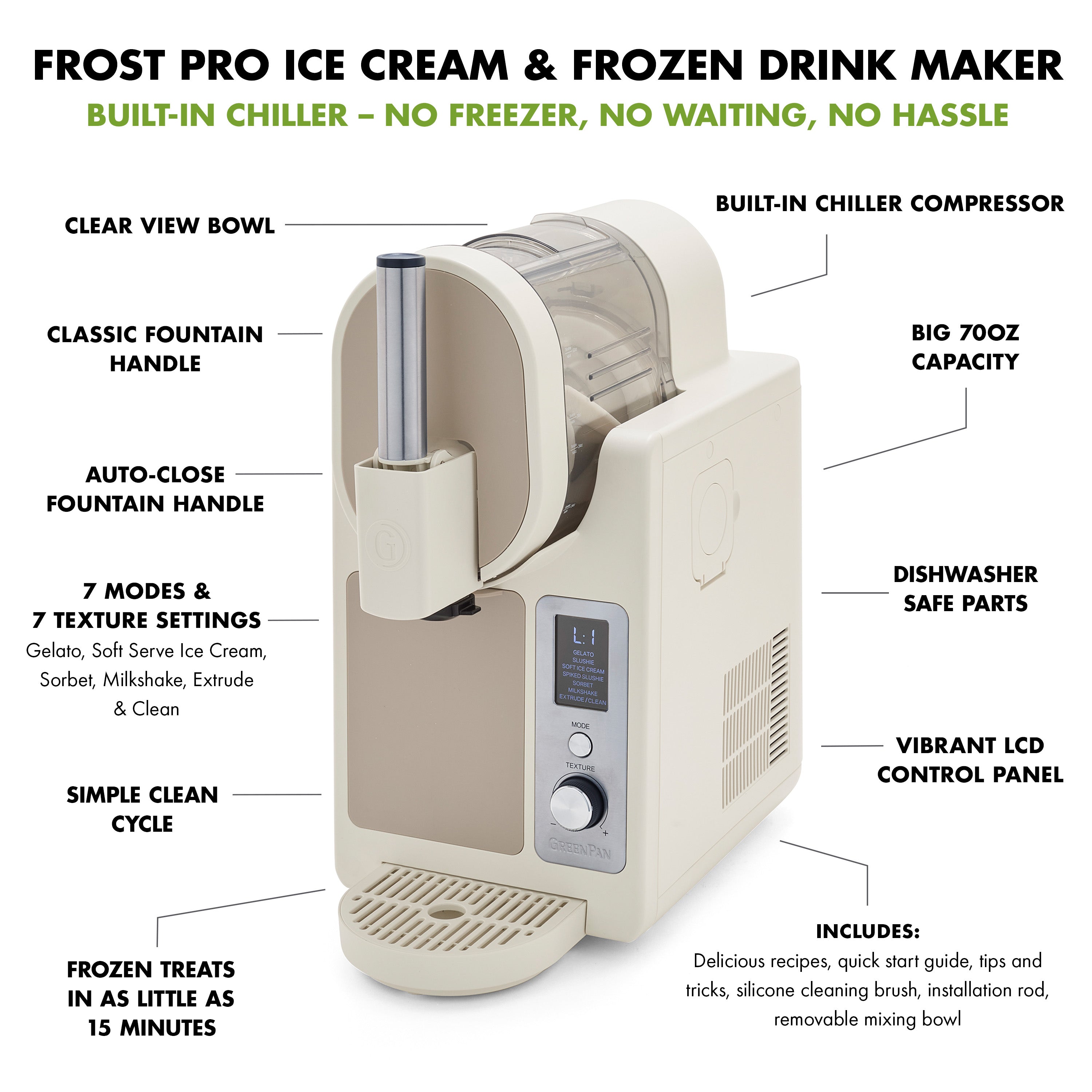 Frost Pro ice cream and frozen drink maker with features highlighted