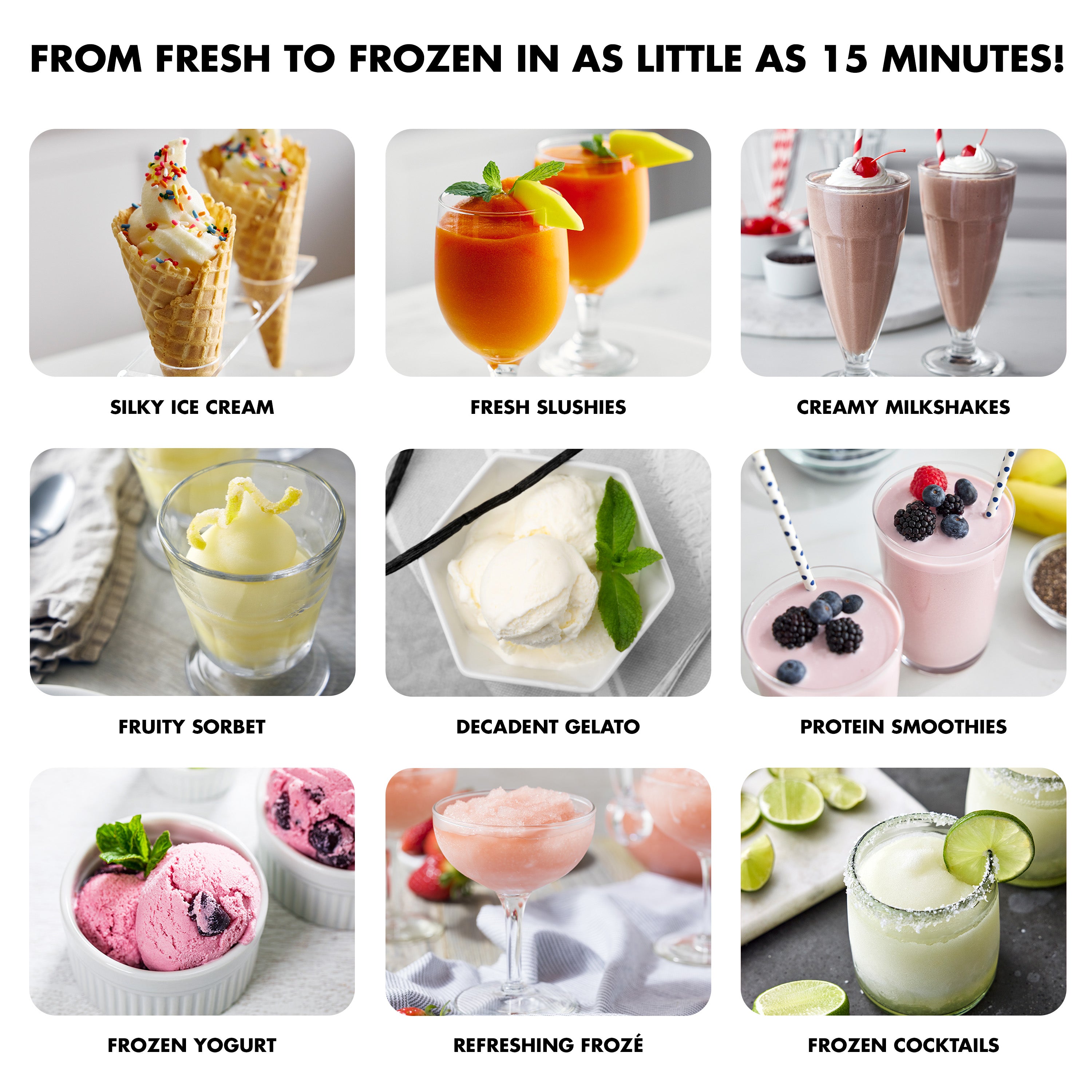 Promotional graphic showcasing various frozen desserts and drinks with text indicating quick freezing time.