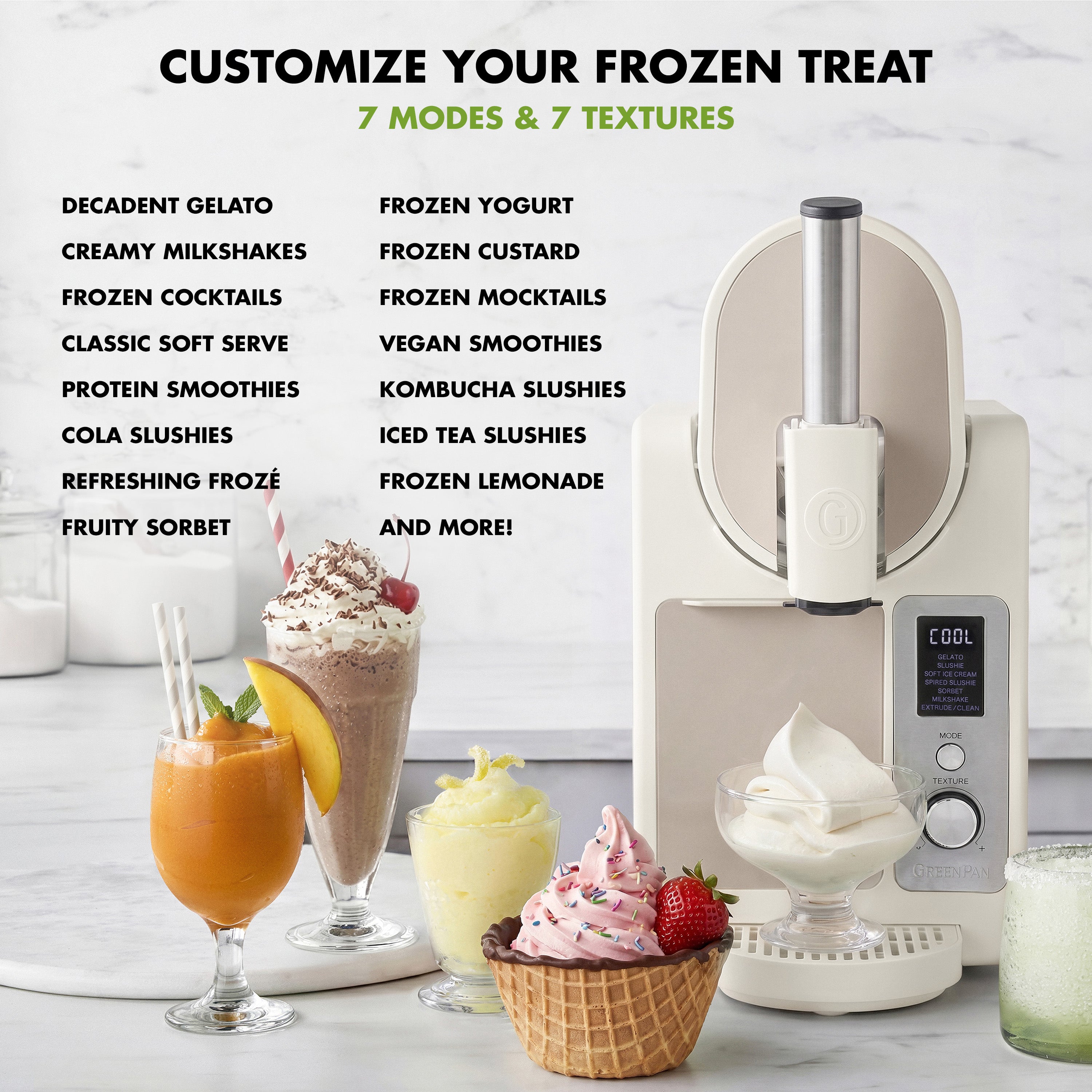 Ice cream maker with various frozen treats and text detailing customizable options.