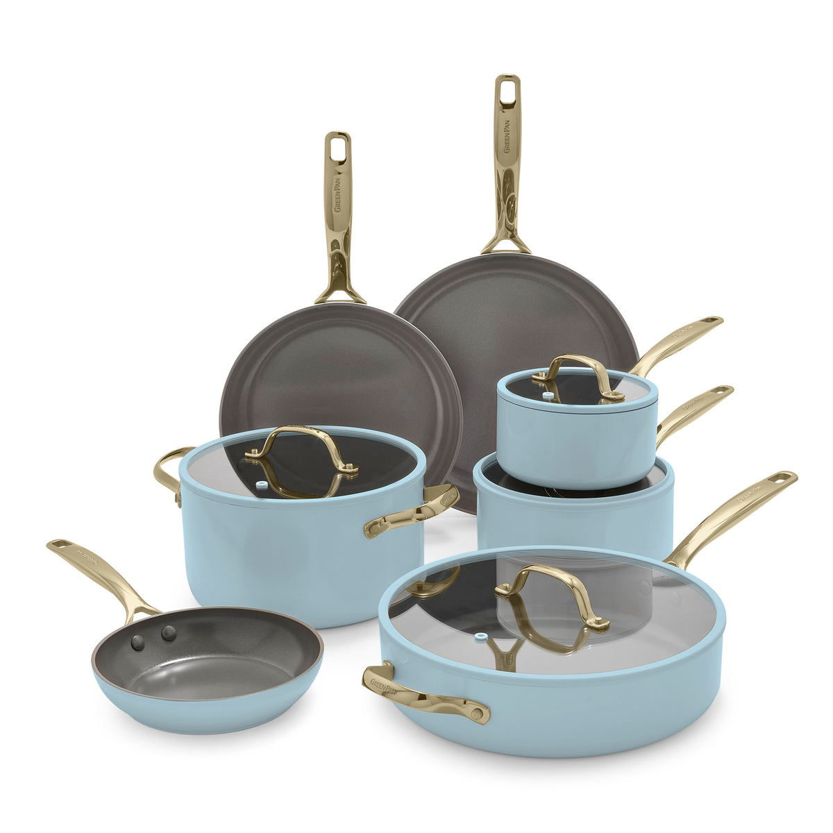 11-piece ceramic cookware set in glacier blue with gold handles and lids, displayed on a white background.