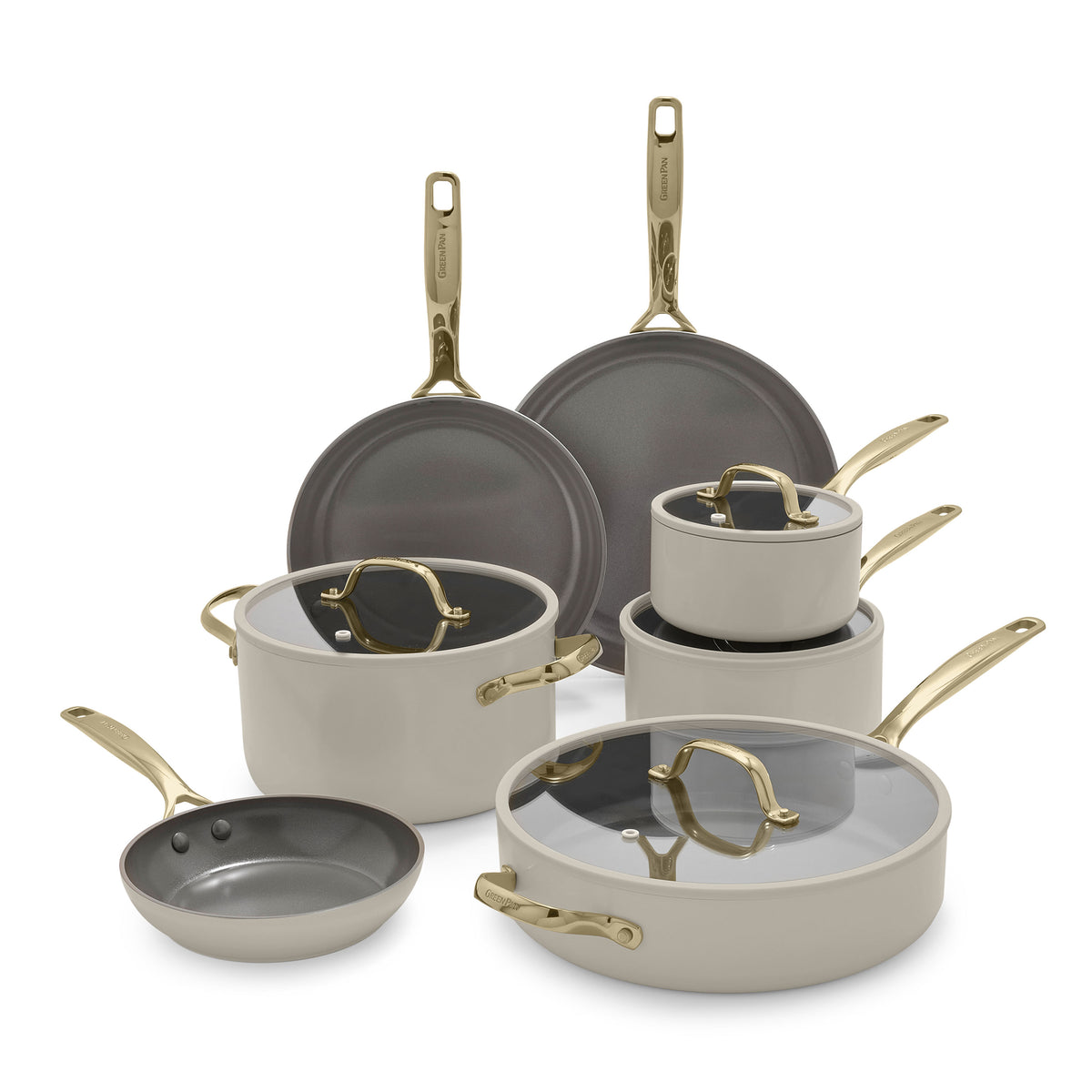11-piece taupe ceramic cookware set with gold handles, displayed on a white background.