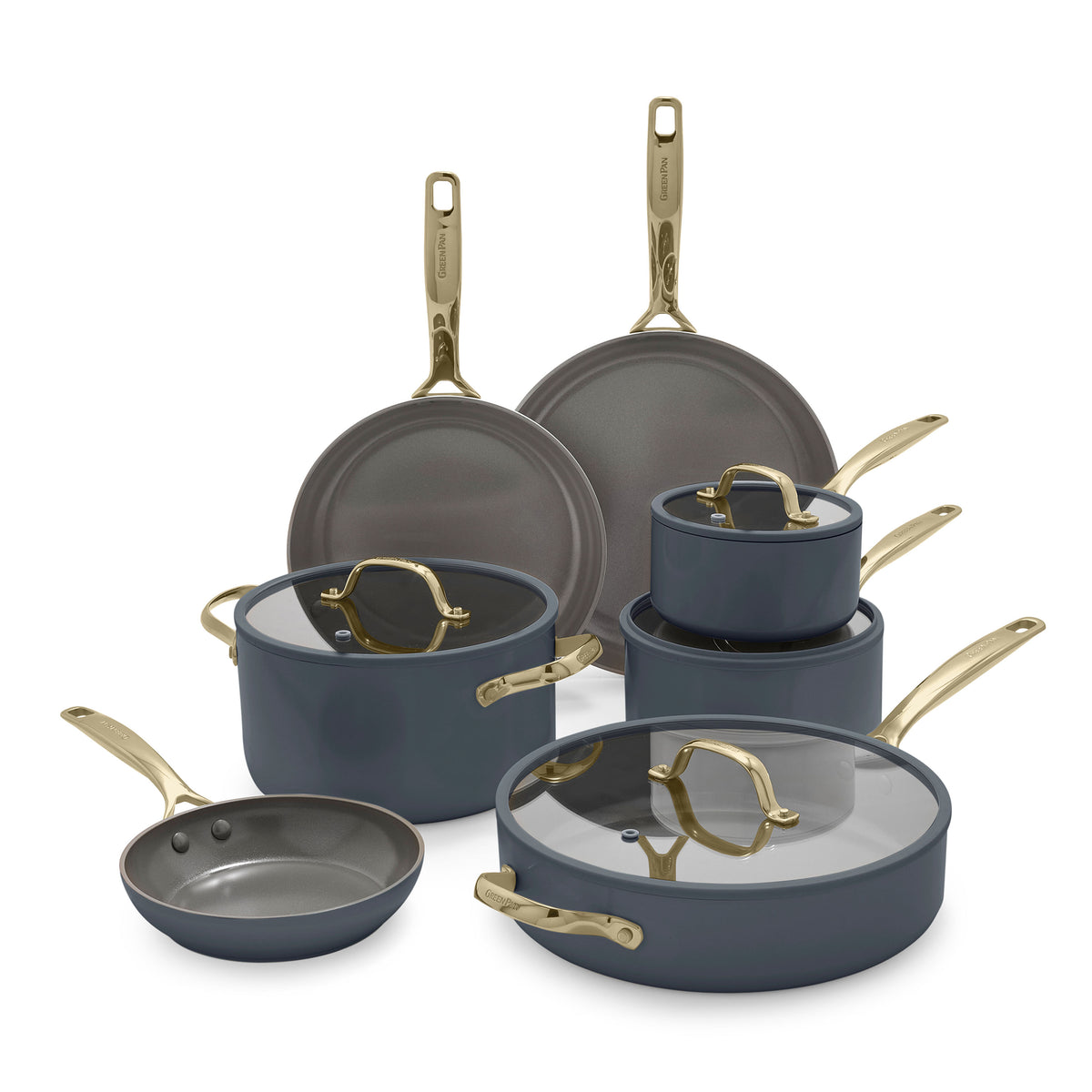 11-piece slate cookware set with gold handles, ceramic nonstick finish, shown on a white background.