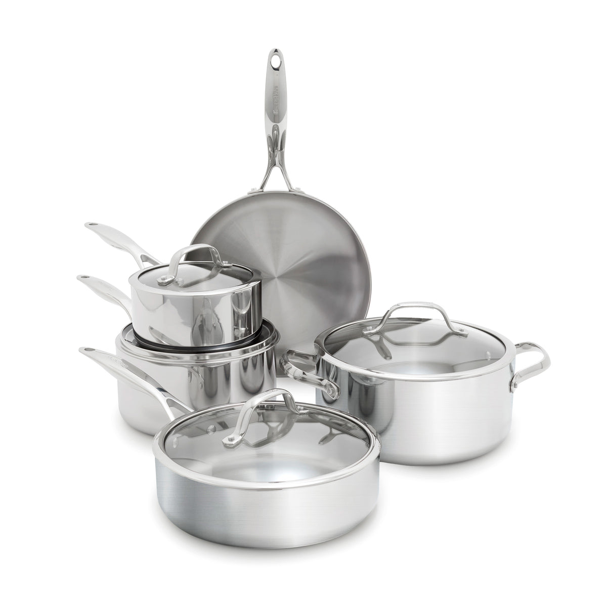 Valencia Pro 9-piece stainless steel uncoated cookware set including various pots, pans, and lids.