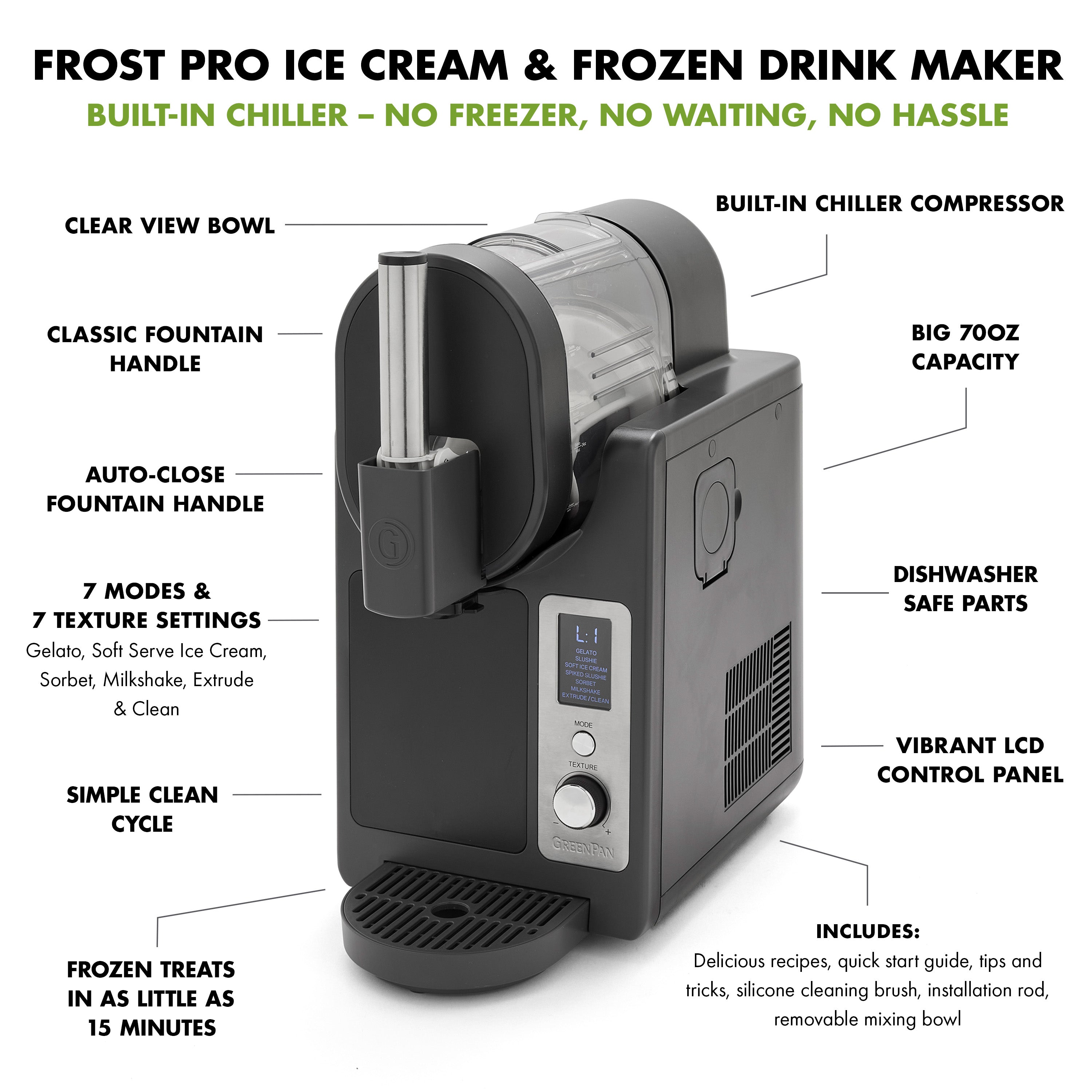 Frost Pro ice cream and frozen drink maker with features highlighted