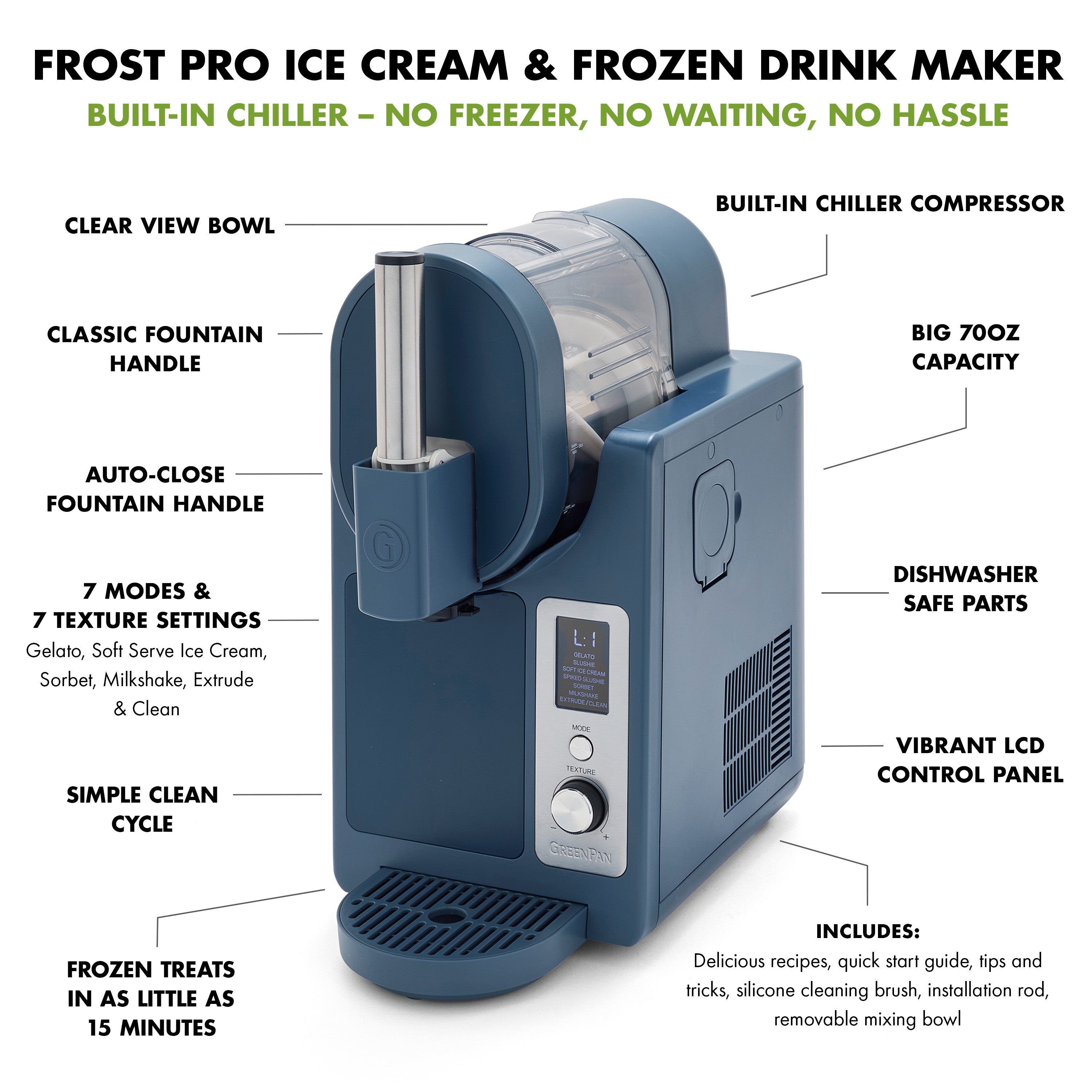 Frost Pro ice cream and frozen drink maker with features highlighted