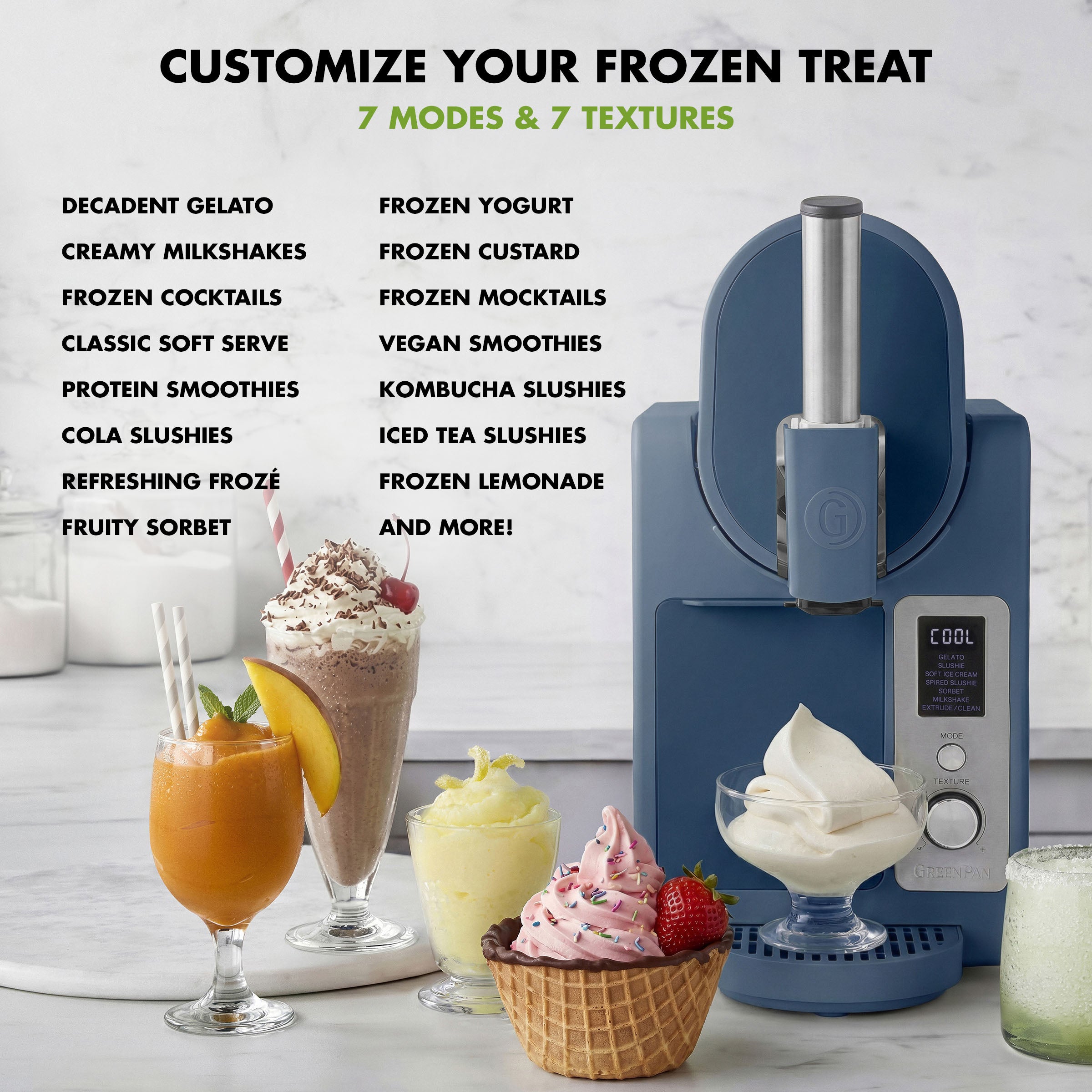 Ice cream maker with various frozen treats and text detailing customizable options.