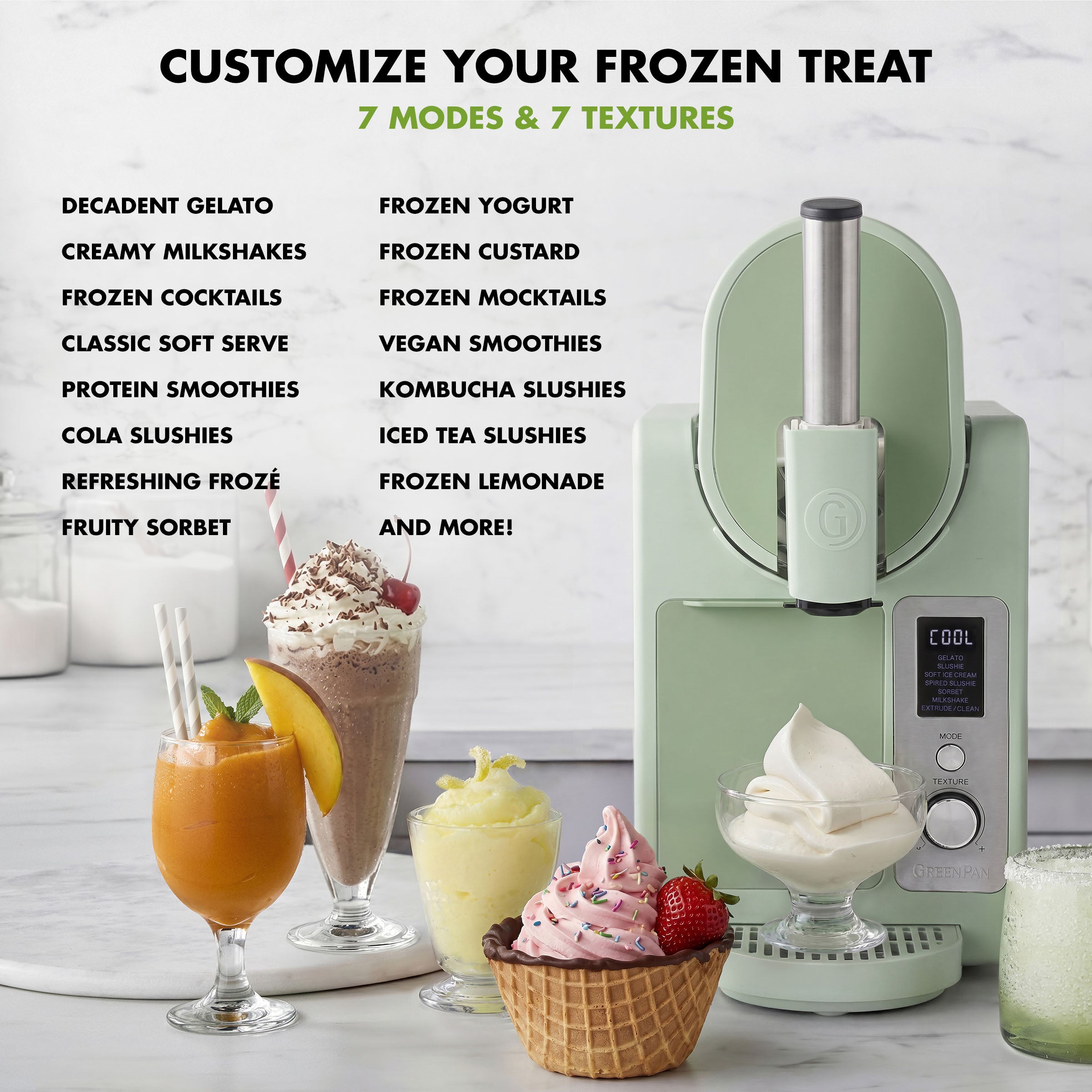 Ice cream maker with various frozen treats and text detailing customizable options.