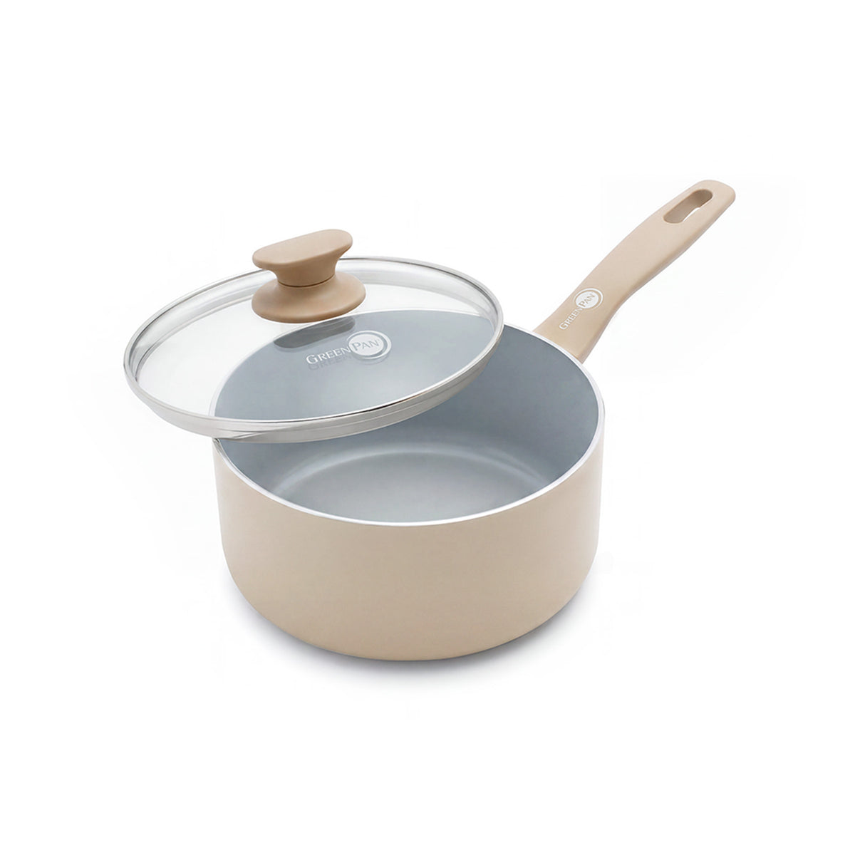 Taupe ceramic saucepan with long handle and glass lid, 2.25-quart size.