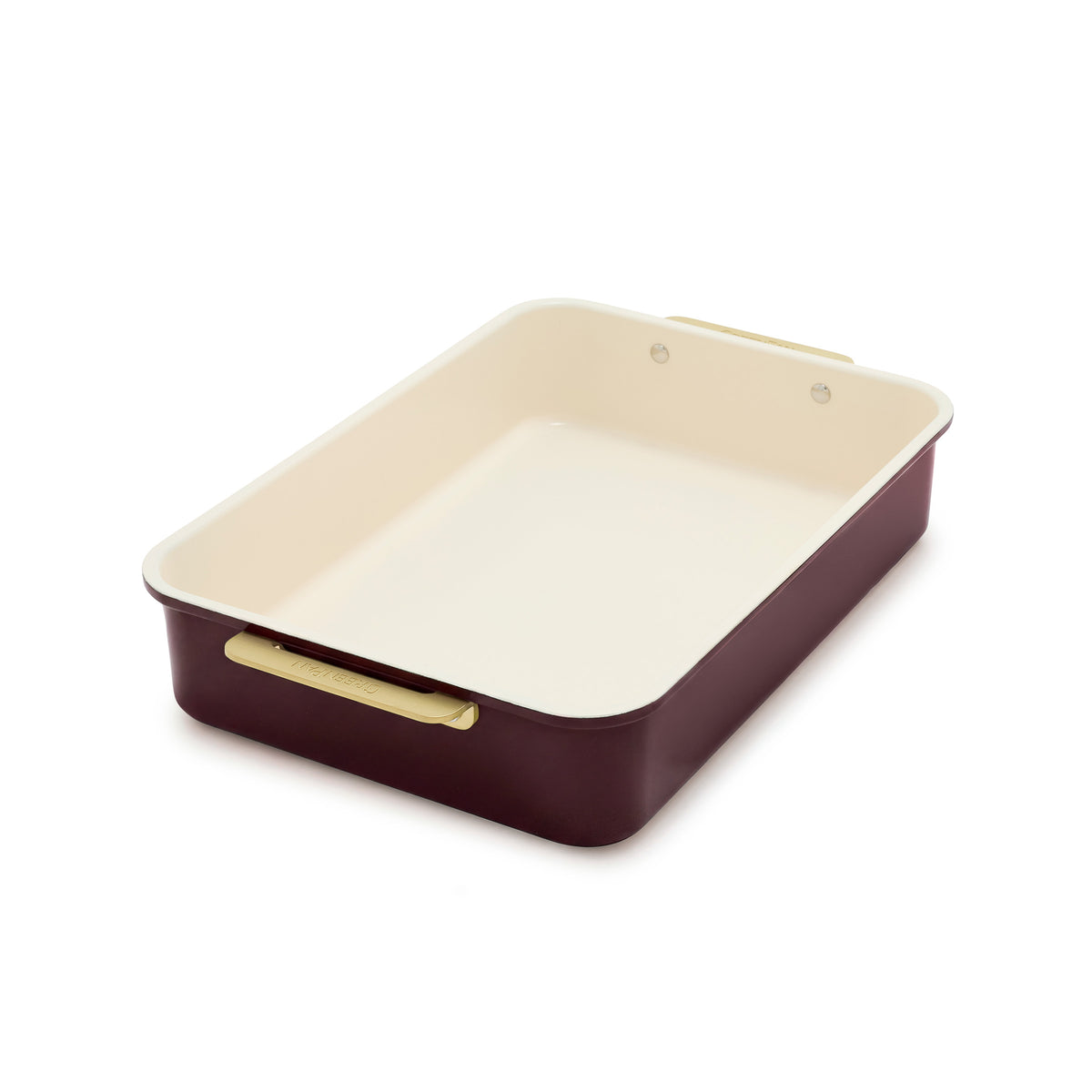 13″ x 9″ rectangular aluminized steel pan in Bordeaux with a cream interior and gold-tone handles.