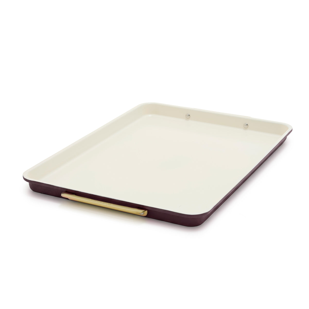 Reserve Bakeware 13″ x 18″ half sheet pan in Bordeaux, featuring dark red aluminized steel, a cream interior, and a gold handle.