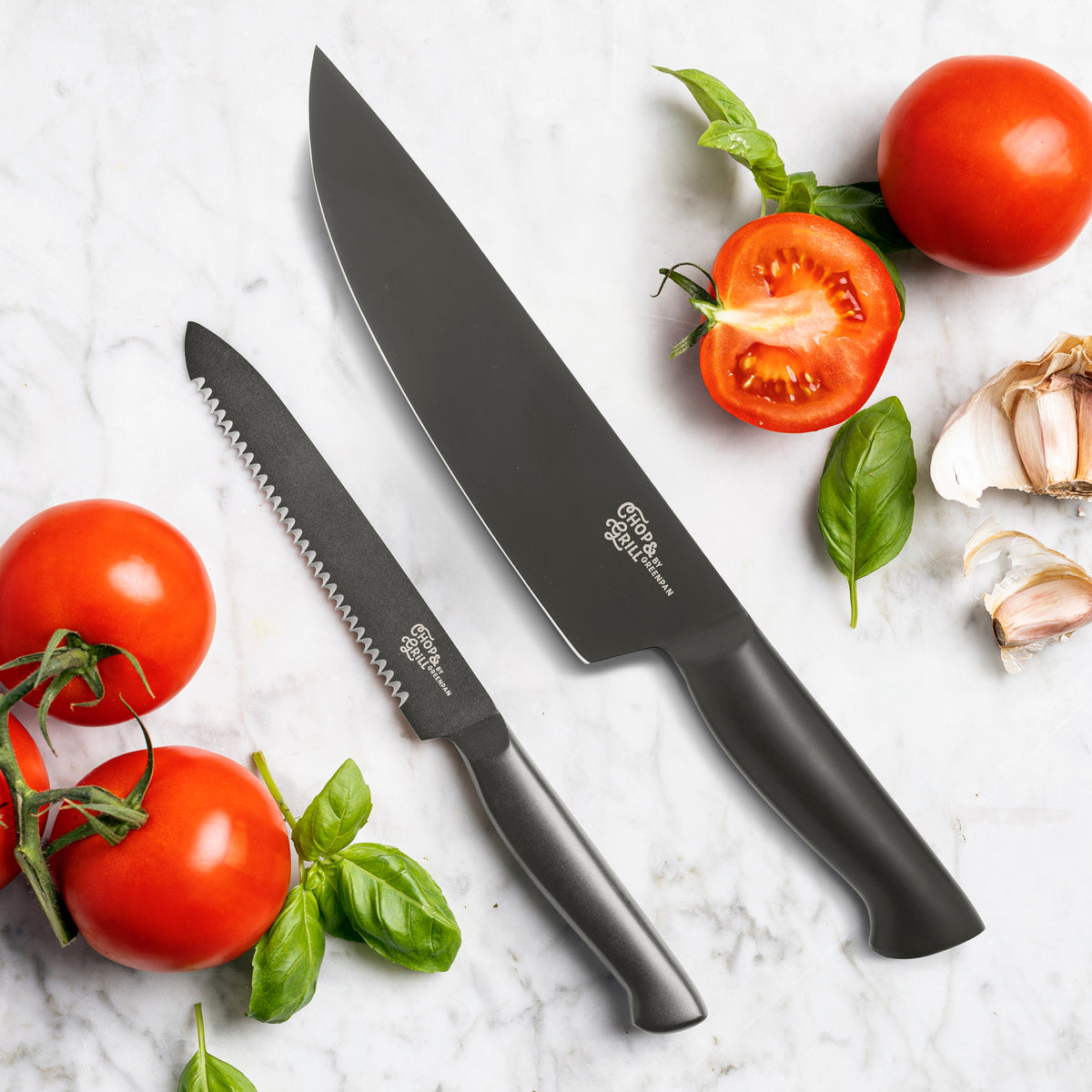 2-piece stainless steel knife set with black handles, displayed side by side on a neutral background.