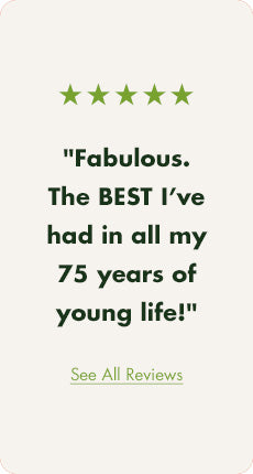 Five green stars above a customer review reading, Fabulous pan. The BEST I’ve had in all my 75 years of young life.