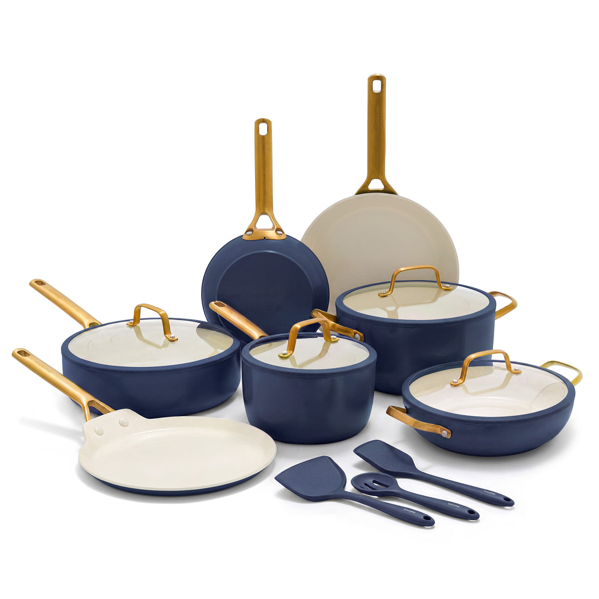 Fourteen-piece twilight blue ceramic cookware set with pots, pans, lids, and utensils arranged on a white background.