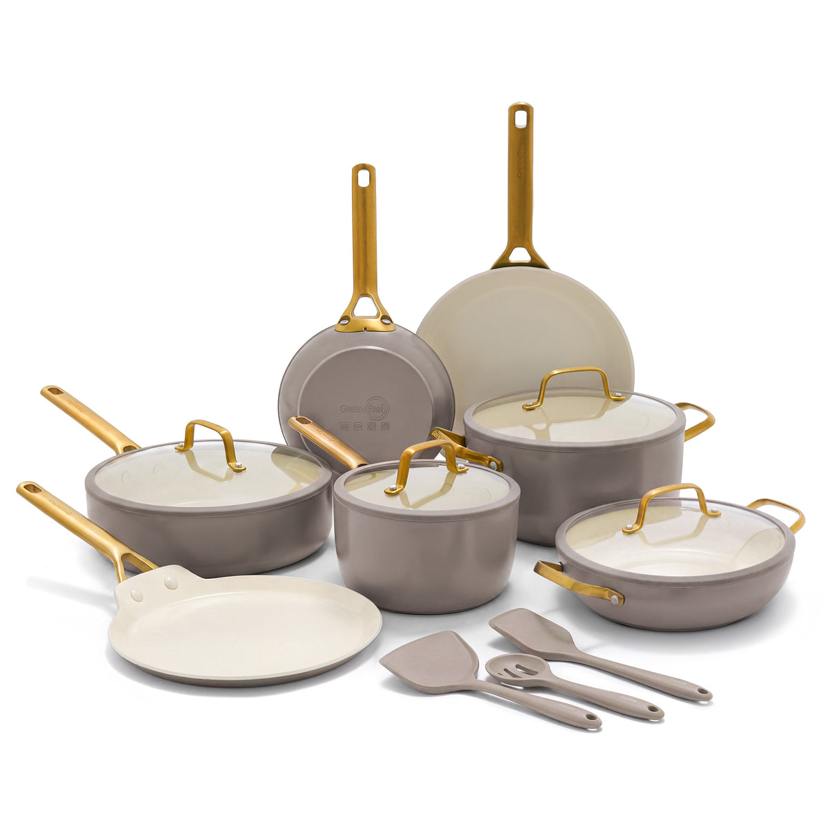 Latte ceramic cookware set with gold handles, includes pots, pans, lids, and utensils. 14-piece set shown arranged together.