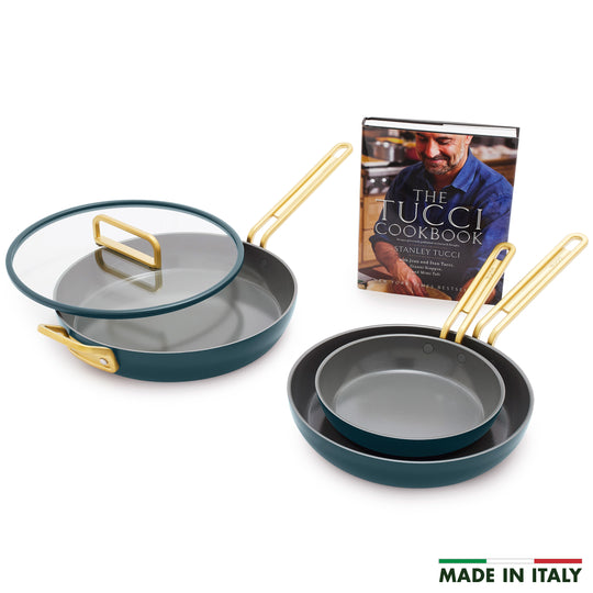 Stanley Tucci™ Ceramic Nonstick 4-Piece Frypan Set with The Tucci Cookbook | Venetian Teal