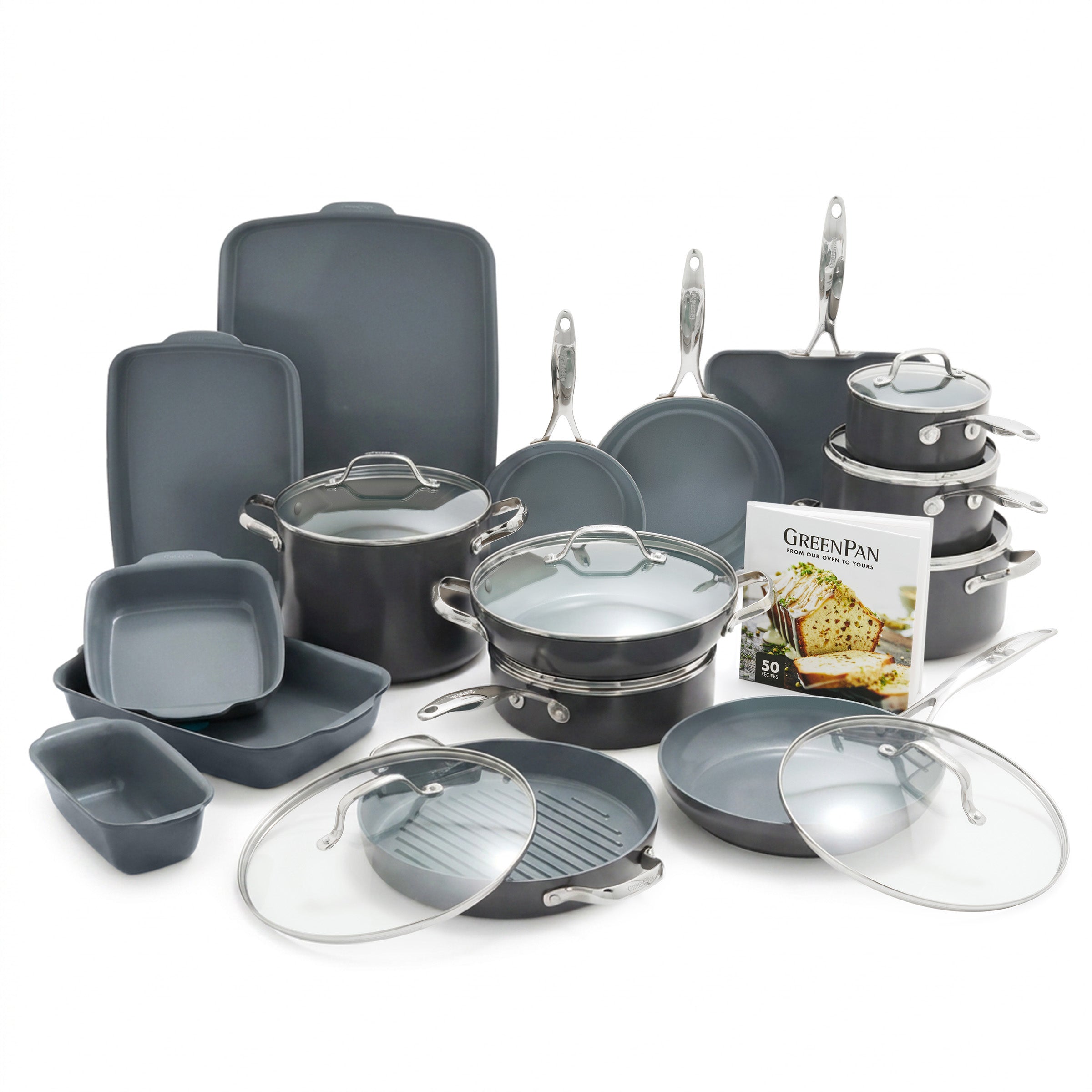 Gray 24-piece cookware and bakeware set with pots, pans, lids, baking trays, and a recipe booklet shown.