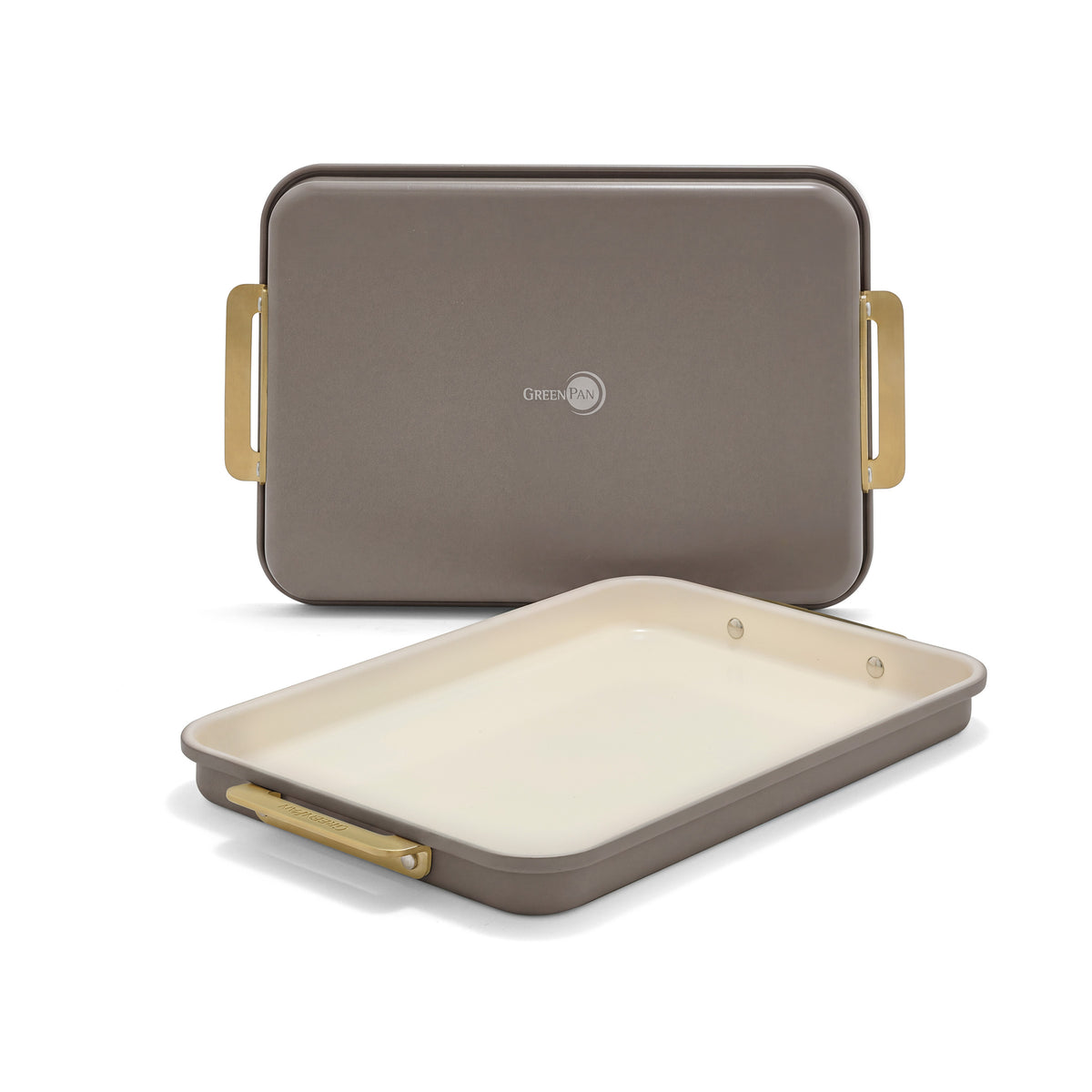 Two latte-colored aluminized steel quarter sheet pans with gold-toned handles.