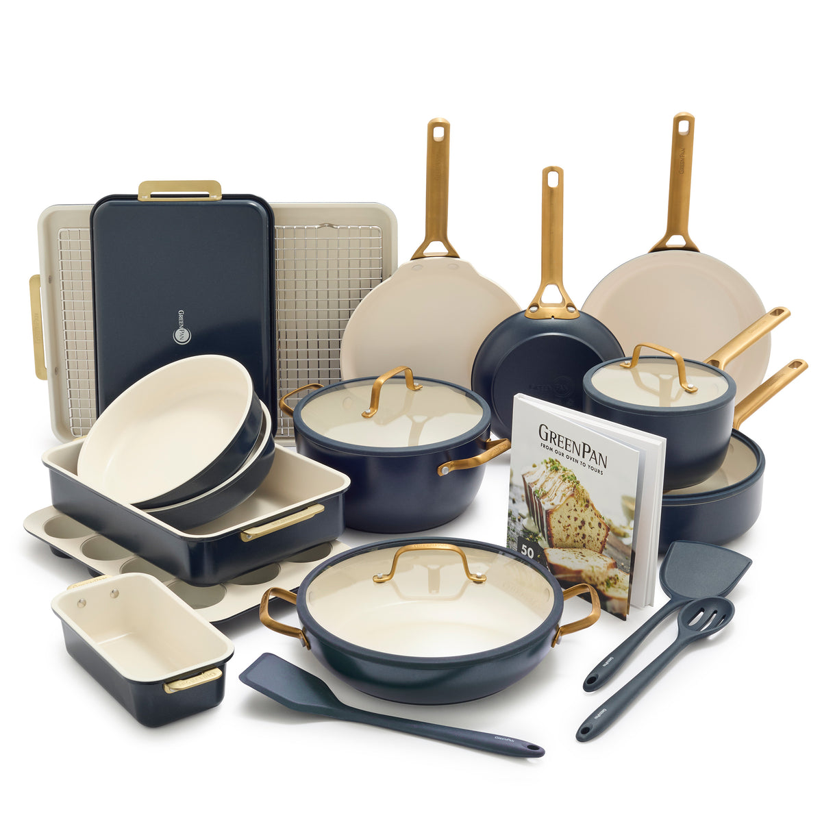Reserve Pro 22-piece blue cookware and bakeware set with cream interiors and gold-toned handles, including a recipe book.