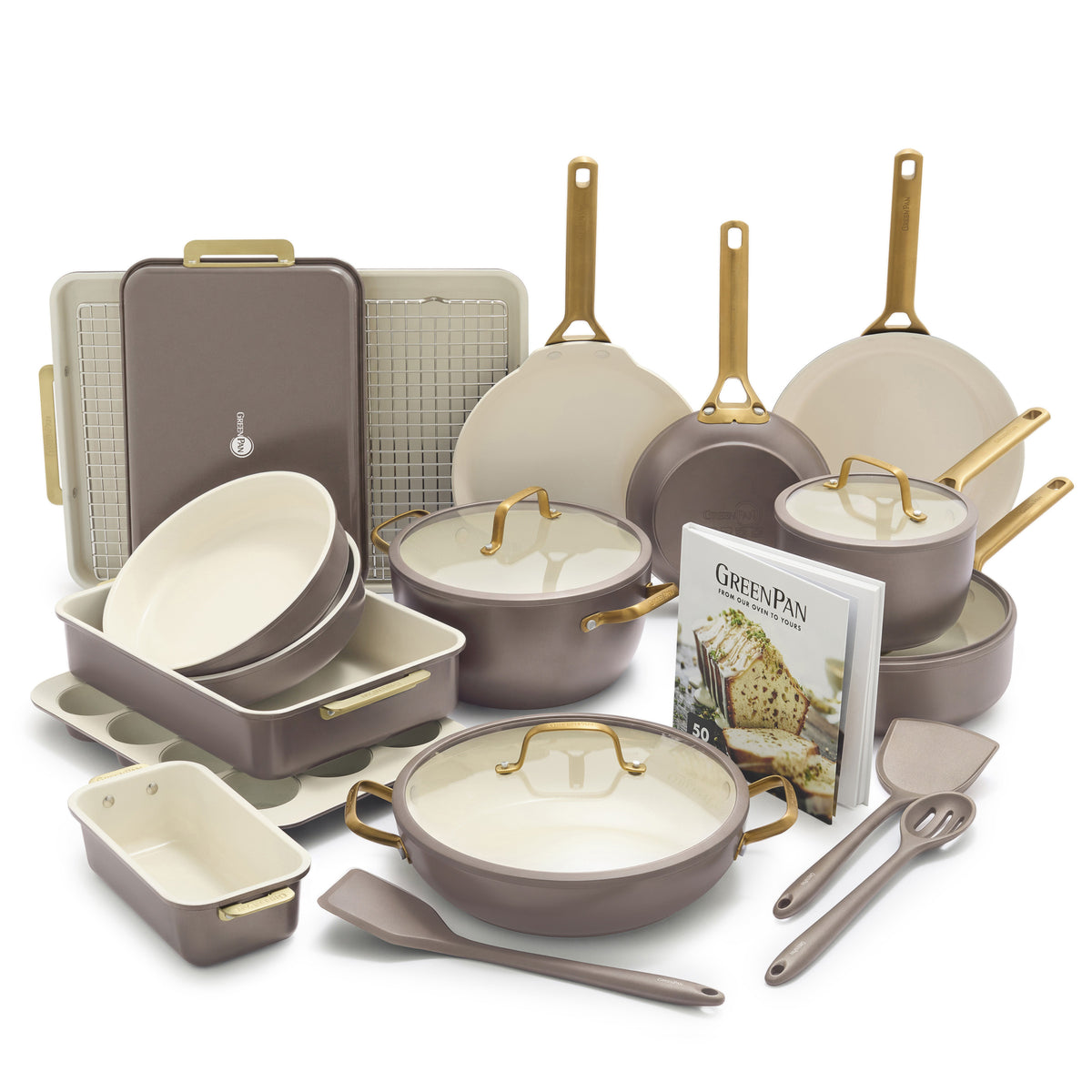 Reserve Pro 22-piece cookware and bakeware set in latte brown with gold-tone handles and cream interiors.