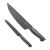 Set of two black-handled knives, one chef’s and one serrated, with stainless steel blades on a white background.